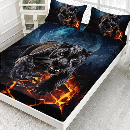 AILONEN Black Panther Fitted Sheet Set Full Size,Safari Cheetah Leopard Print Bed Sheet Set,Magic Moon Animal Theme Leopard Fitted Sheet with 2 Pillowcases,3 Pieces Boys Full Bed Sheet Set