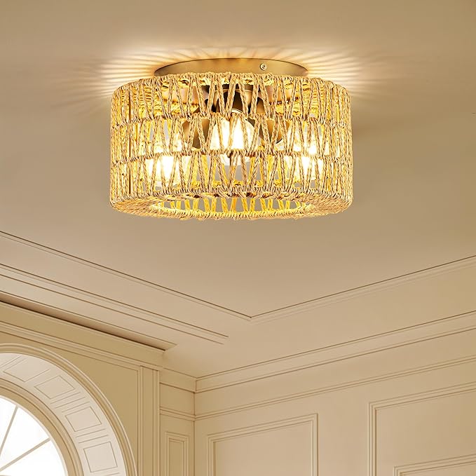 MAYNA 3-Light Boho Light Fixtures Ceiling Mount, Hand-Woven Chandelier Light Fixture,Farmhouse Rattan Flush Mount Ceiling Light for Hallway Bedroom Kitchen Living Room Entryway (Gold)