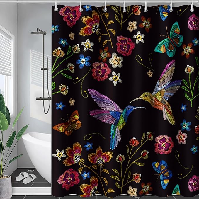 AILONEN Retro Hummingbird Shower Curtain,Wild Floral Flower Bathroom Decor with 12 Plastic Hooks,Bird Butterfly Vintage Black Curtains,Modern Bedroom Decor Gifts for Girls Teen Adult 72" W*84" H