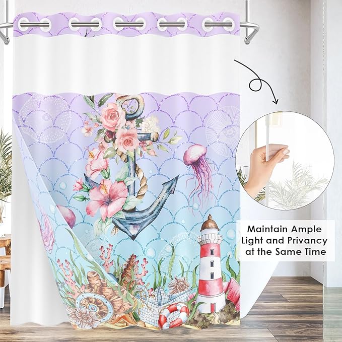 Anchor Beach Nautical No Hook Shower Curtain with Snap in Liner, Mermaid Pink Floral Coral Bath Curtain with Double Layers Waterproof Fabric and Mesh Top Window 71x74 Inch