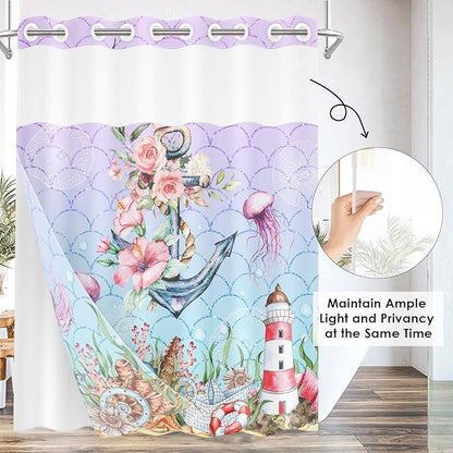 Anchor Beach Nautical No Hook Shower Curtain with Snap in Liner, Mermaid Pink Floral Coral Bath Curtain with Double Layers Waterproof Fabric and Mesh Top Window 71x74 Inch