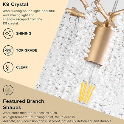 MO&OK Plug in Crystal Chandelier 3 Light with 15Ft Cord Modern Pendant Light for Bedroom Mini Antler Hanging Lamp for Kitchen Island Dinning Bedrooms and Hallway