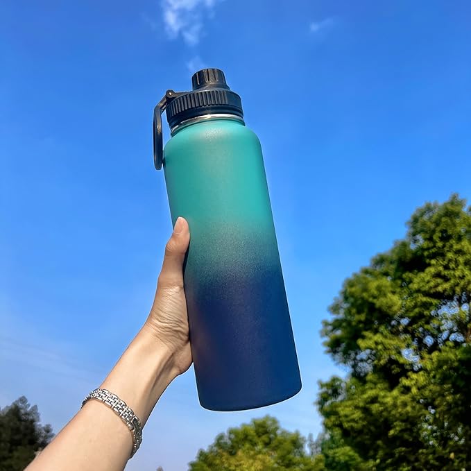 4pack 40 oz Insulated Water Bottle With Straw, Stainless Steel Sports Water Cup Flask with 2 Lids, Wide Mouth Travel Thermal Mug,Blue gradient