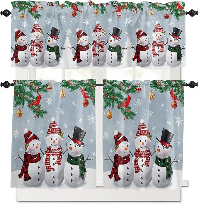 Christmas Kitchen Curtains and Valances Set, Snowman Cardinal Window Treatments Tiers Bluish Grey Winter Holiday Semi Sheer Half/Short Curtains for Small Windows Cafe /Living Room/ Bedroom 54x 36 in