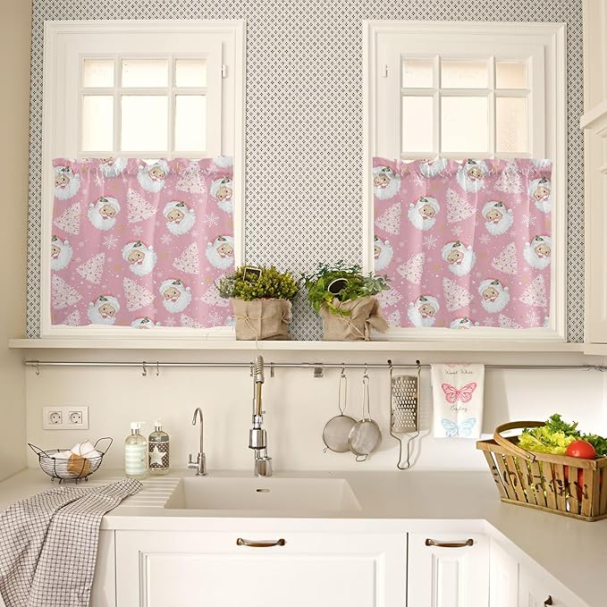 Pink Christmas Kitchen Curtains and Valances Set, Santa Claus Merry Christmas Tree Windows Treatments Tiers Half/Short Curtains for Small Windows Cafe/Living Room/Bedroom 54x24 in Winter Snowflake
