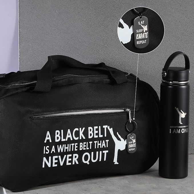 Layhit 3 Pcs Karate Gifts for Boy Girl Include Large Martial Art Duffel Bag 24 oz Stainless Steel Sport Water Bottle Karate Keychain Taekwondo Gifts for Sport Active Athletes Gym Back to School