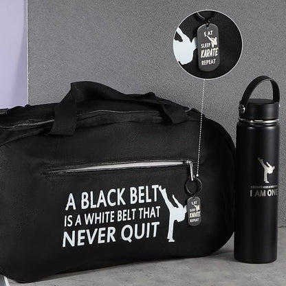 Layhit 3 Pcs Karate Gifts for Boy Girl Include Large Martial Art Duffel Bag 24 oz Stainless Steel Sport Water Bottle Karate Keychain Taekwondo Gifts for Sport Active Athletes Gym Back to School