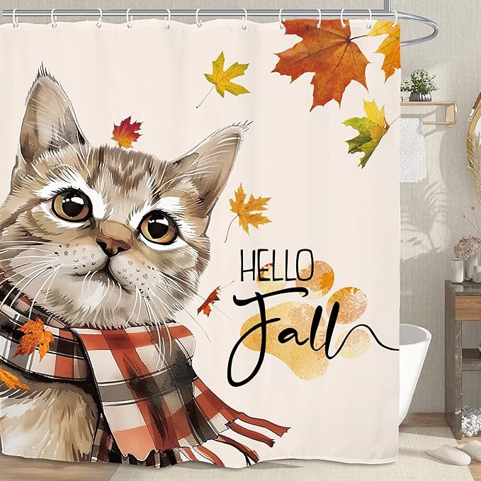 Autumn Funny Shower Curtain 60Wx72L Inch Cute Cat Hello Fall Maple Harvest Pet Seasonal Lovely Thanksgiving Bathroom Set Accessories Decor with 12 Pack Hooks