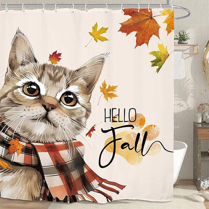 Autumn Funny Shower Curtain 60Wx72L Inch Cute Cat Hello Fall Maple Harvest Pet Seasonal Lovely Thanksgiving Bathroom Set Accessories Decor with 12 Pack Hooks