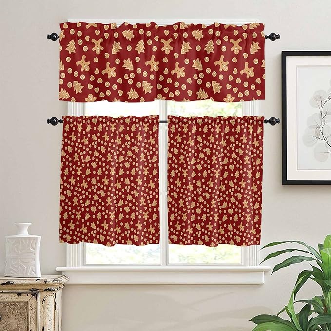 Christmas Valance Kitchen Curtains Set,Red Merry Christmas Gingerbread Man Cookies Window Treatments Tiers,Winter Holiday Decor Short Window Curtain Panels for Bedroom/ Living Room,54x24 in,3-Piece