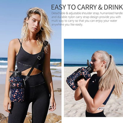 Fimibuke Half Gallon Water Bottle with Sleeve 64 OZ Water Bottle with Handle & Straw Leakproof Motivational Sports Gym Water Bottle with Time Marker BPA Free Water Jug with Reusable Neoprene Holder