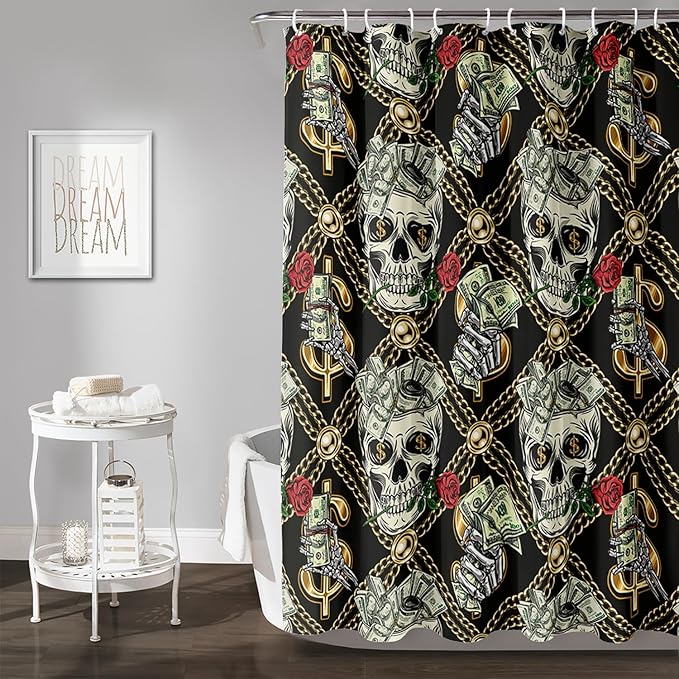 AILONEN Skull Shower Curtain for Boys,Gold Money Skeleton Bath Curtain for Decor,Luxurious Skull Print Shower Curtain with 12 Plastic Hooks,Waterproof 36" W*72" H