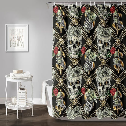 AILONEN Skull Shower Curtain for Boys,Gold Money Skeleton Bath Curtain for Decor,Luxurious Skull Print Shower Curtain with 12 Plastic Hooks,Waterproof 36" W*72" H