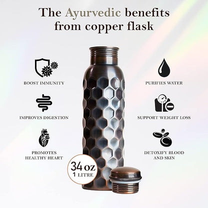 Eunoia Copper Water Bottle with Lid 32 oz, Handmade Ayurvedic Copper Bottle Water Vessel, Gym Water Bottle for Sports Exercise Yoga Fitness, Diamond Antique