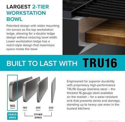 Kraus KWU210-57 Kore 2-Tier Workstation Undermount 16 Gauge Stainless Steel Single Bowl Kitchen Sink with 10 Piece Chef’s Kit of Accessories, 57 inch