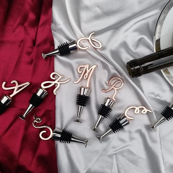 Monogram Wine and Beverage Bottle Stopper, Initial letter wine stoppers Decorative, Creative Wine Gift for Kitchen Bar Wedding Rose Gold Finish,Reusable, letter S