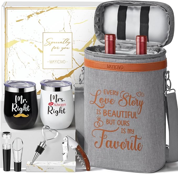 Anniversary Engagement Gifts for Men Women, Mr and Mrs Wine Tumblers Gifts - Funny Wedding Gifts for Couple, Bridal Shower, Newlywed - Insulated Wine Cooler Tote Bag with Glasses and Wine Accessories