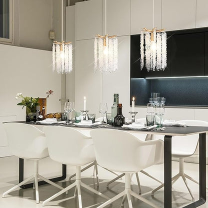 MO&OK Plug in Crystal Chandelier 3 Light with 15Ft Cord Modern Pendant Light for Bedroom Mini Antler Hanging Lamp for Kitchen Island Dinning Bedrooms and Hallway