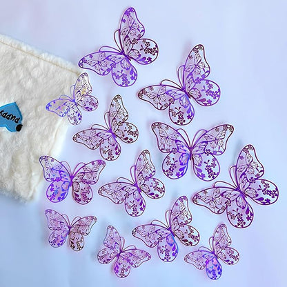 3D Butterfly Wall Decor 48 Pcs 4 Styles 3 Sizes, Butterfly Birthday Decorations Butterfly Party Decorations Cake Decorations, Removable Stickers(Purple)