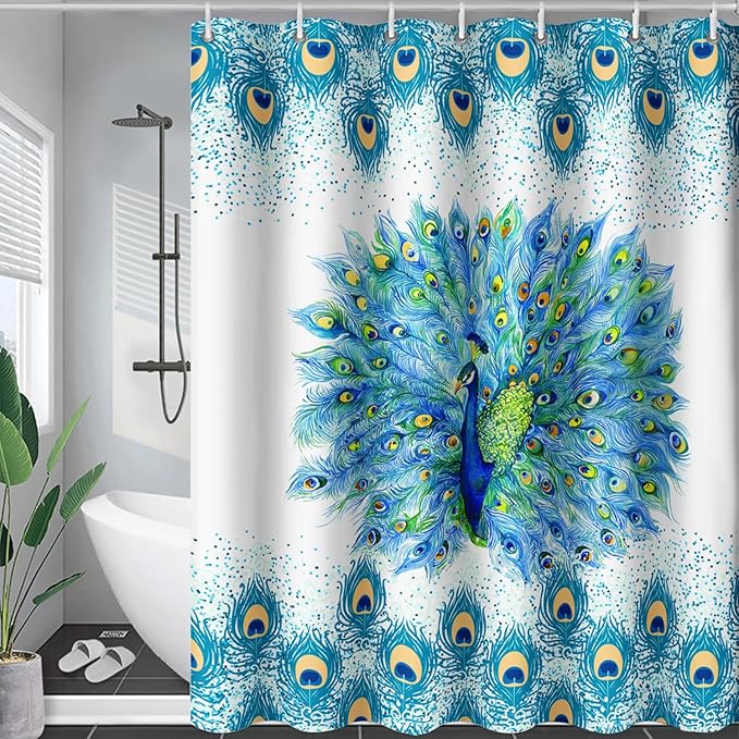 AILONEN Peacock Shower Curtain for Girls,Beautiful Green Peacock Bath Curtain for Kids Women,Peacock Feather Print Waterproof Shower Curtain for Bathroom Decor with 12 Plastic Hooks, 60" W*72" H
