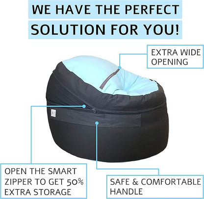 2 Sizes in 1 Stuffed Animal Storage Bean Bag Chair Cover for Kids & Adults | Washable XL Stuffie Seat | 100% Cotton | Pouf Organizer for Plush Toys, Linens, Quilts & Pillows | Blue Skies