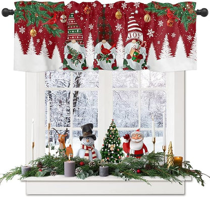 Christmas Gnomes Valance Kitchen Curtains for Windows, Red Winter Holidays Rod Pocket Valances Window Treatments White Snowflakes Xmas Trees Short Curtains For Bedroom/ Living Room, 54" X 18" -1 Panel