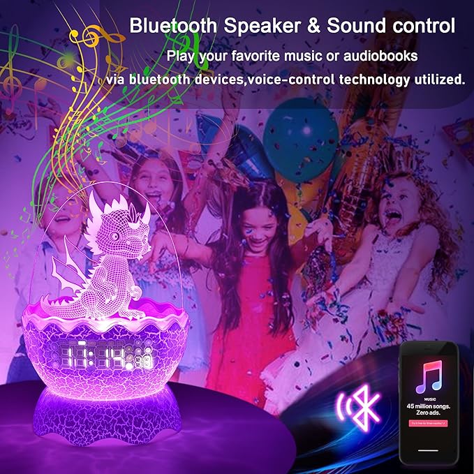 Dragon Egg Night Light with Digital Clock/Alarm Clock/Lullaby White Noise/Bluetooth Speaker, Dragon Egg Decor with Remote Control 16 Colors & Sleep Timer, Dragon Gifts for Kids/Adult