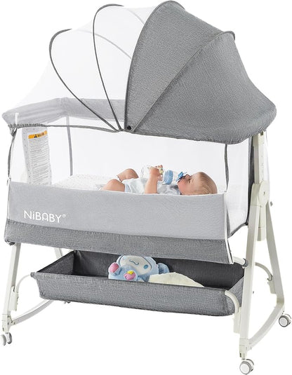 3 in 1 Baby Bassinet Bedside Sleeper, 6 Height Adjustable Portable Baby Crib Bedside Bassinet with Wheels, Mosquito Net & Storage Basket for Safe Co-Sleeping, Fit for Newborn/Infants (Gray)