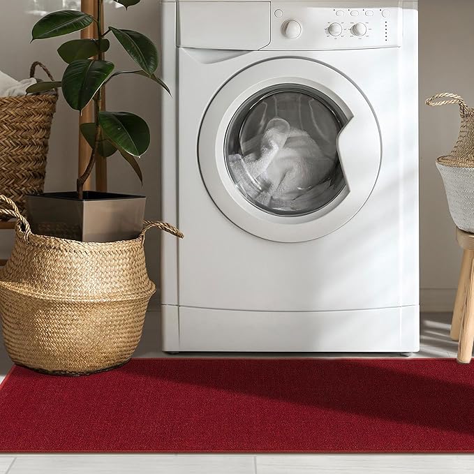 Machine Washable Modern Solid Design Non-Slip Rubberback 2x12 Traditional Runner Rug for Hallway, Kitchen, Bedroom, Living Room, 1'10" x 12', Red