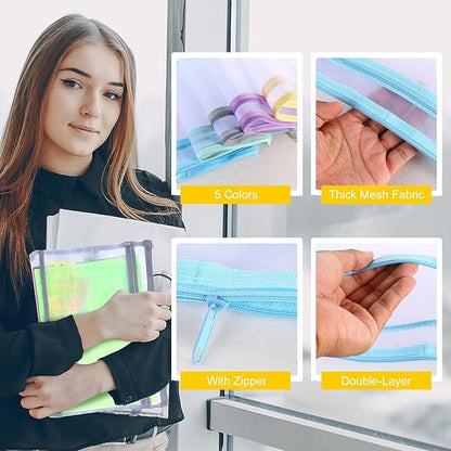 20 Pack Colored Mesh Zipper Pouch Bags,5 Color，A4 Double-Layer Nylon Puzzle Building Block Sets Toy Storage Organization, Mesh Bags with Zipper and Handle for School Office Playroom Storage