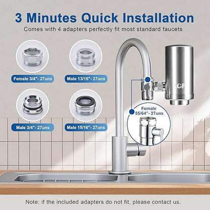 LCF 360° Rotating Stainless-Steel Faucet Water Filter - High Flow, Mineral-Enhanced Tap Water Filter, Reduces Chlorine, Heavy Metals and Bad Taste, Easy Install, 320 Gallons, Kitchen Sink Ideal