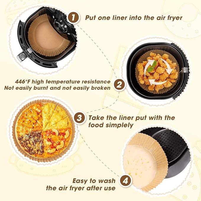 Air Fryer Disposable Paper Liners, 100 PCS Oil-proof, Water-proof, Non-stick Round Air Fryer Liners for Baking and Roasting