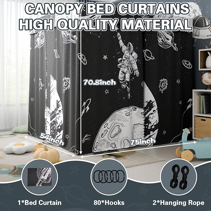 Astronaut Canopy Bed Curtains - 4 Corner Post Bed Curtains Canopy Queen Bed Canopy Curtains for Children Girls Bedroom Decoration(Astronaut, Queen)