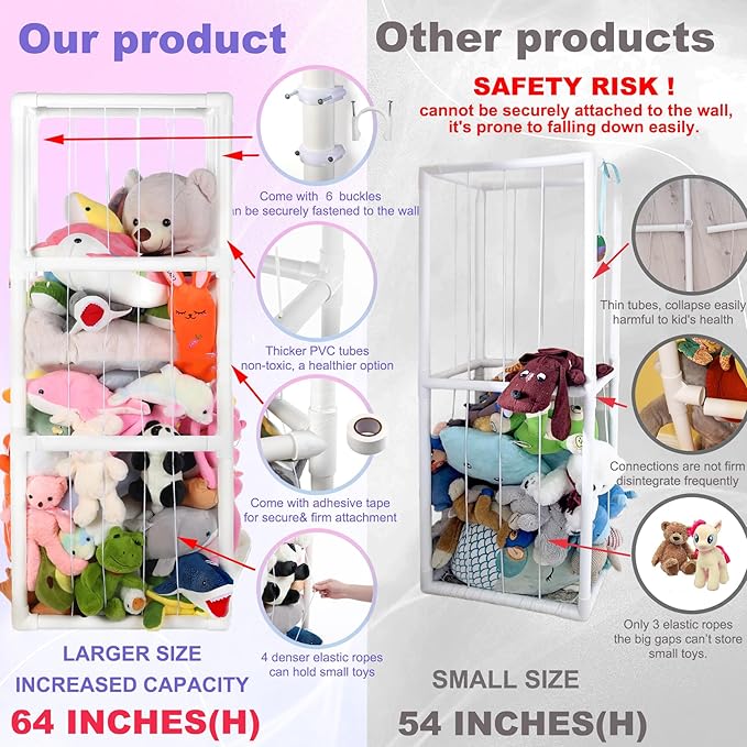 64 Inch Extra-Large Stuffed Animal Storage Zoo Stuffed Animal Holder Space Save Vertical Stuffed Animals Storage PVC with Elastic Band and Net for Playroom Birthday Gift for Bedroom Nursery