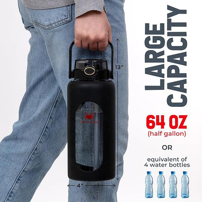 Leakproof Glass Water Bottles 64 oz - Borosilicate Large Glass Water Bottle with Straw & Time Markers - Half Gallon Water Bottle Glass, Wide Mouth Glass Gallon Water Bottle 2 Litres