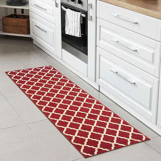 Machine Washable Elegant Trellis Design Non-Slip Rubberback 2x5 Traditional Runner Rug for Hallway, Kitchen, Bedroom, Entryway, 20" x 59", Red