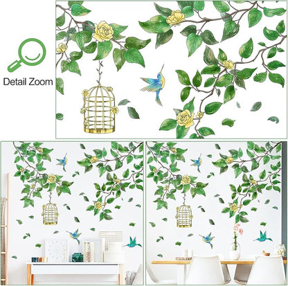 Amaonm Removable PVC Two Tree Branches With Green Leaves wall Sticker DIY Peel and Stick Flower and Birds Wall Decals Decor for Kids Girls Boys Bedroom Living Room Nursery Classroom Playroom Wall Background Decoration
