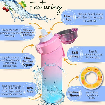 Air Water Bottle 650ml – Water Bottle With 5 Scented Pods, 0% Sugar BPA Free Cup with Bottle & Straw Brushes | Suitable for Outdoor | Sports | Gift Idea (New Gradient Pink/Blue + 5 Pods)