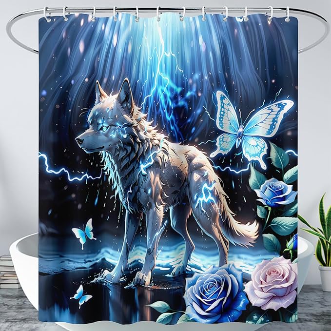 AILONEN Lightning Wolf Shower Curtain for Bathroom,3D Print Glowing Wolf Print Bath Curtain for Boys Men Kids,Raining Wolf Waterproof Bathroom Decor Blue Curtain with 12 Plastic Hooks, 72" W*96" H