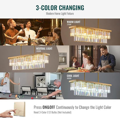 Siljoy 10 Lights Modern Crystal Chandelier Gold Rectangular 2 Tiers Crystal Raindrop Chandelier Luxury Adjustable Rectangle Flush Mount Pendant Ceiling Light for Dining Room Kitchen Island Bar L40''