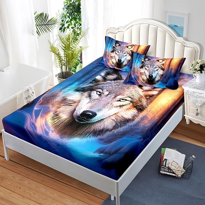 AILONEN Wolf Fitted Sheet Set Queen Size, Winter Forest Wildlife Bedding Set Wolf Sheet Set for Boys Teen Kids,Safari Wolf Printed Bed Sheet Set Wolf Fitted Sheet with 2 Pillowcases,3 Pieces