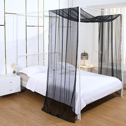 Akiky Pom Pom Canopy Bed Curtains Princess Bed Canopy Scarf for Full/Queen Metal Bed Frame,Wood Frame Bed-2 Panel Sheer Canopy Curtain(Black)