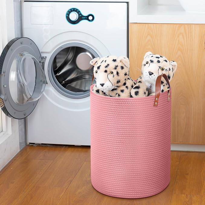 80L Large Rope Basket, Woven Rope Storage Basket with Leather Handles, Dog Toy Storage Basket, Bedroom, Nursery Blanket Storage, Bathroom Laundry Basket, 16“x20” Tall Rope Basket (Pink)