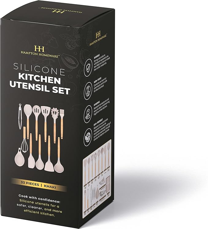 Kitchen Utensils Set, 33 pcs Non-Stick Silicone Cooking Utensils Set, Heat-Resistant Silicone, Wooden Utensils for Cooking, Kitchen Gadgets Spatula Set, Apartment Essentials Kitchen Set (Khaki)