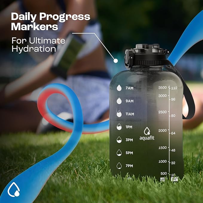 AQUAFIT 1 Gallon Water Bottle with Time Marker - BPA Free 128 oz Water Bottle with Straw, Gym Water Bottle with Handle, 1 Gallon Water Jug, Big Water Bottle, Large Water Bottle (Frosty)