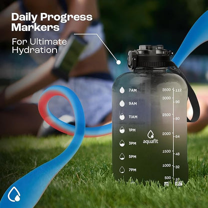 AQUAFIT 1 Gallon Water Bottle with Time Marker - BPA Free 128 oz Water Bottle with Straw, Gym Water Bottle with Handle, 1 Gallon Water Jug, Big Water Bottle, Large Water Bottle (Frosty)