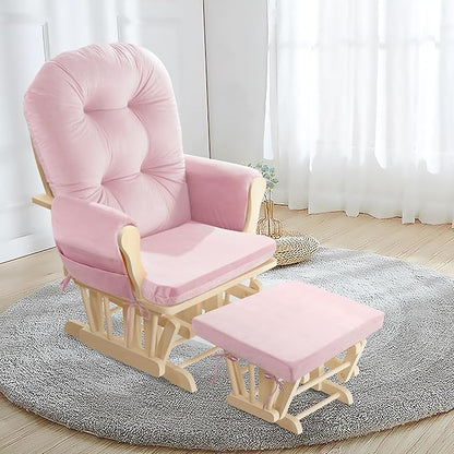 5 PCS Velvet Glider Rocker Replacement Cushions with Side Storage Pocket, Thickened & Supportive Cushions Set for Indoor Nursery Rocking Chair, Pink
