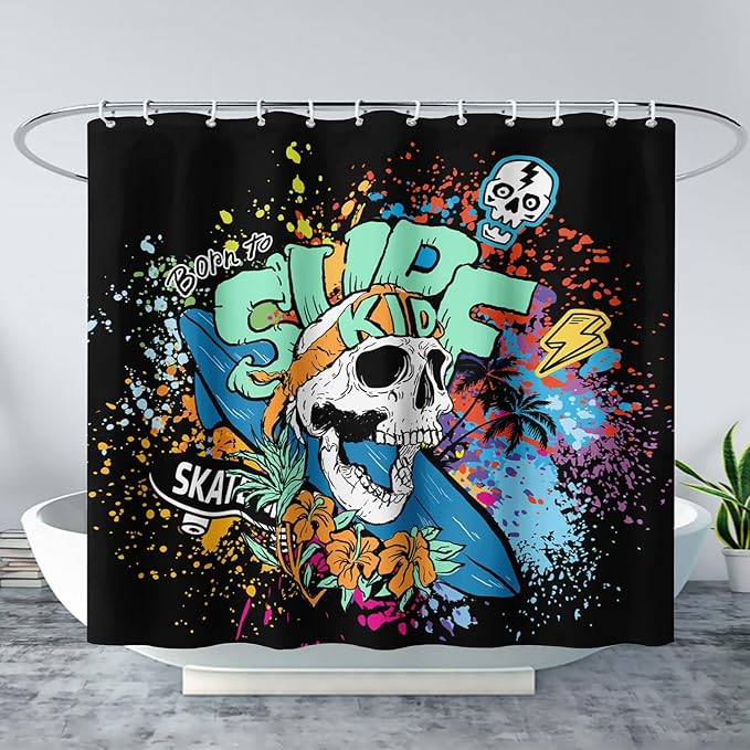 AILONEN Surf Skull Shower Curtain for Bathroom,Colorful Graffiti Flower Art Bathroom Curtain for Kids Boys Girls,Bath Curtain 72" W*72" H Polyester Waterproof Bathroom Curtain with 12 Hooks