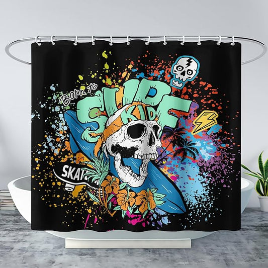 AILONEN Surf Skull Shower Curtain for Bathroom,Colorful Graffiti Flower Art Bathroom Curtain for Kids Boys Girls,Bath Curtain 60" W*72" H Polyester Waterproof Bathroom Curtain with 12 Hooks