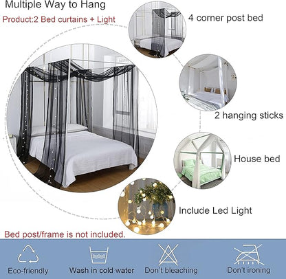 Akiky Canopy Bed Curtains with Light Princess Bed Canopy Scarf for Full/Queen Metal Bed Frame,Wood Frame Bed-2 Panel Sheer Curtain(Full/Queen,Black)